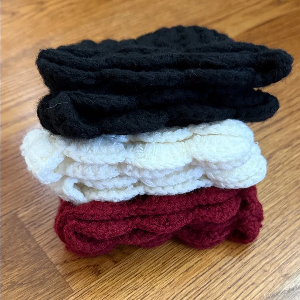 Handmade Crochet Boot Cuffs – Set of 3 Pairs, Scallop Edge, Black Ivory Burgundy - Image 3