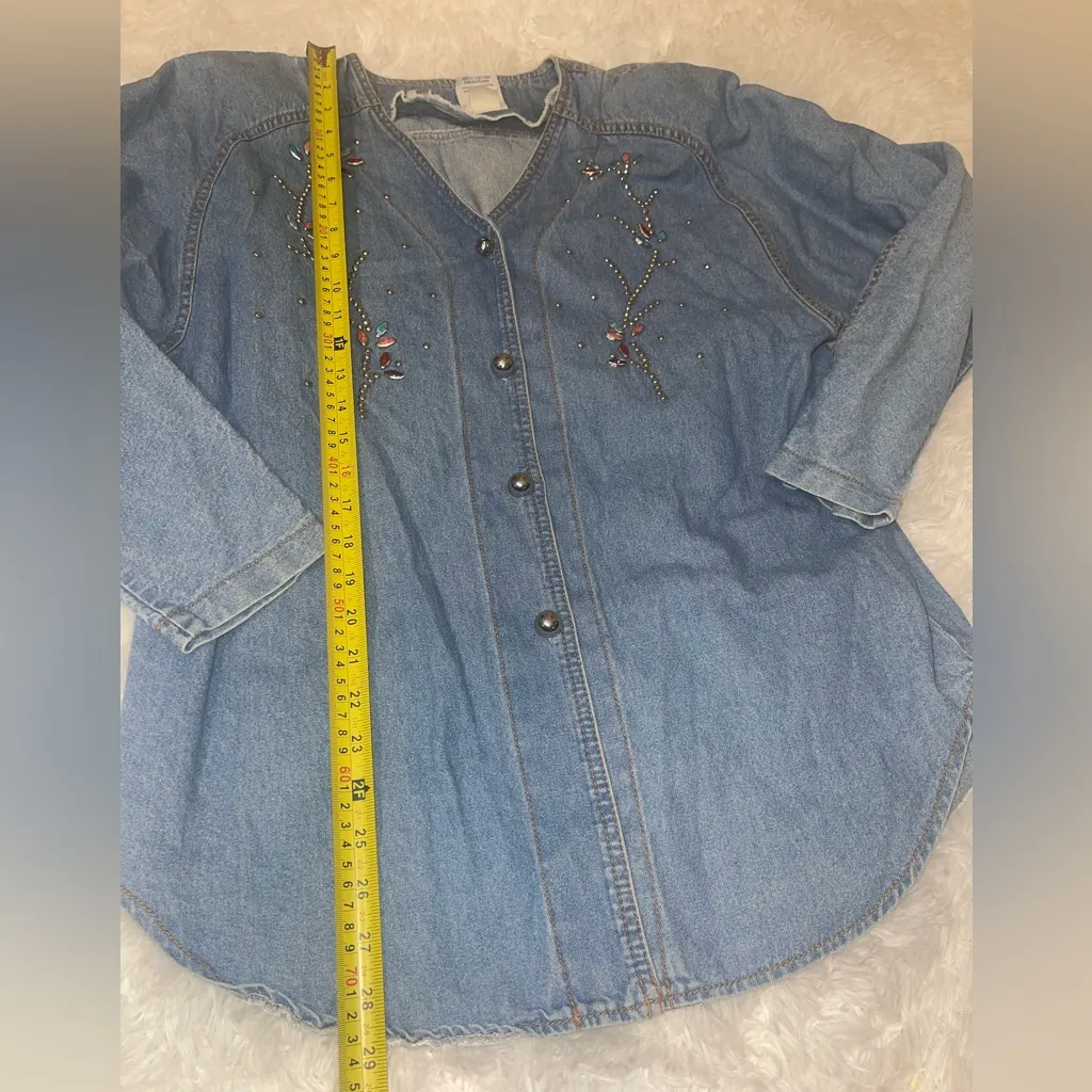 Vintage Bingo Bingo! Denim jean beaded embellished blouse top shirt woman’s 12 L Blue - Image 6