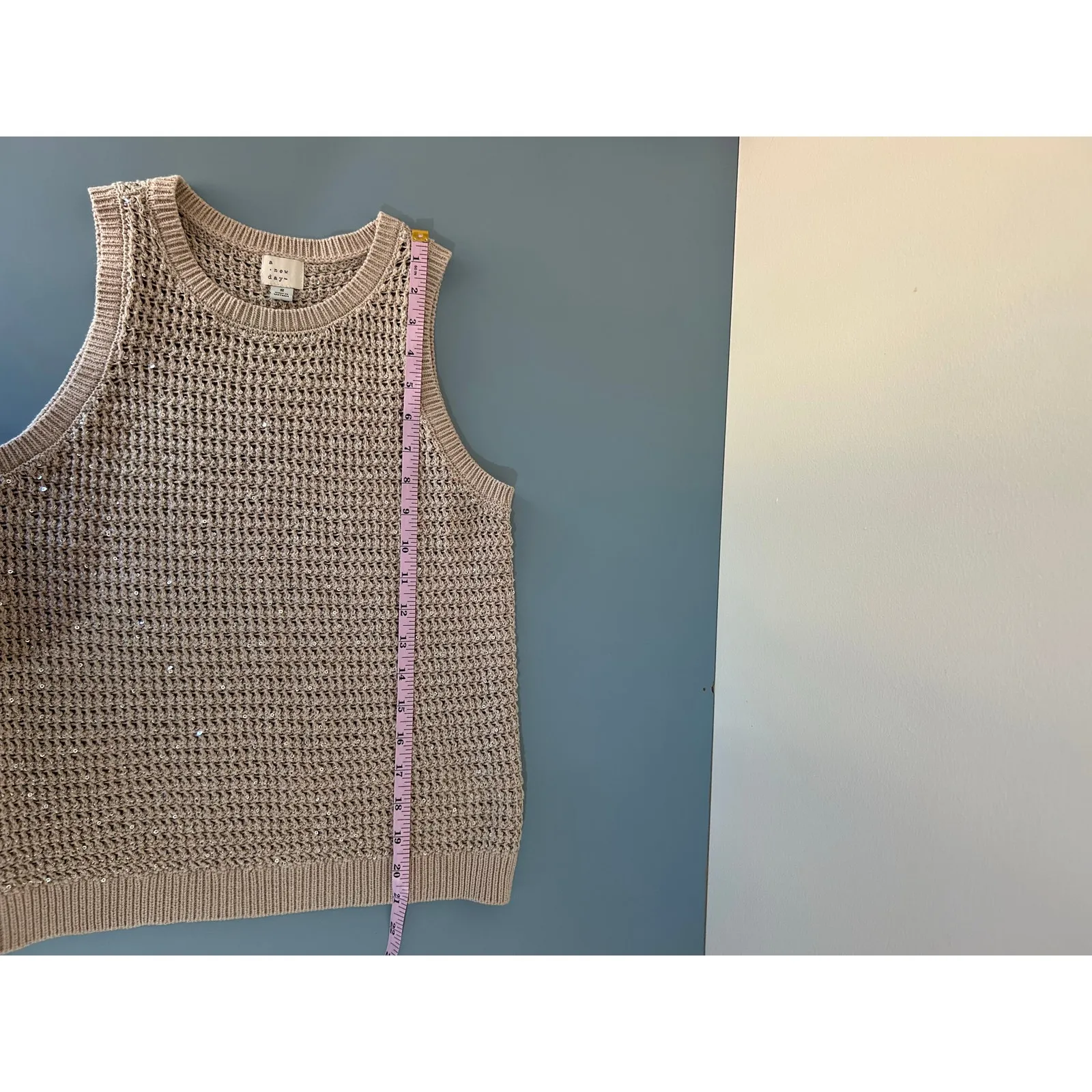 A New Day Target sweater vest knit tan sparkly size S crochet holiday festive - Image 6
