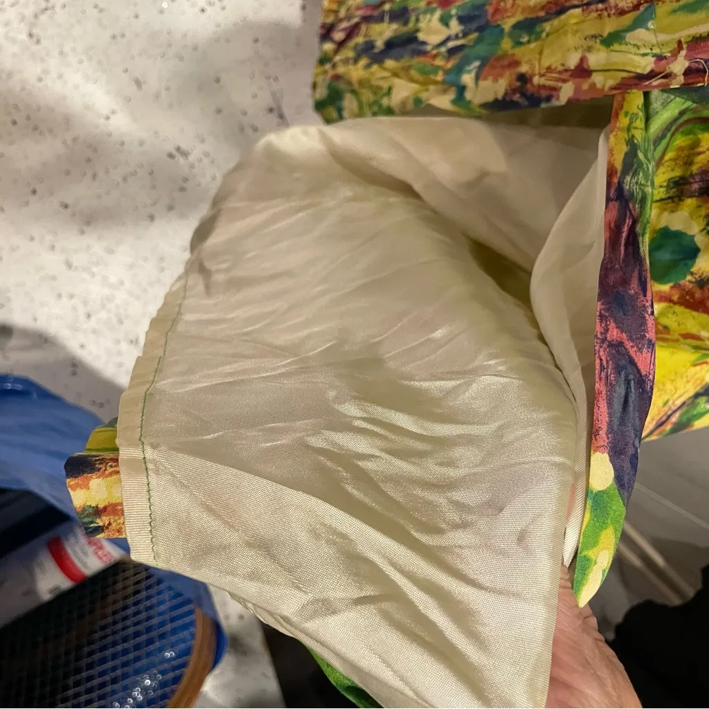 Vintage handmade watercolor paint splatter maxi faux wrap dress tie front - Image 6