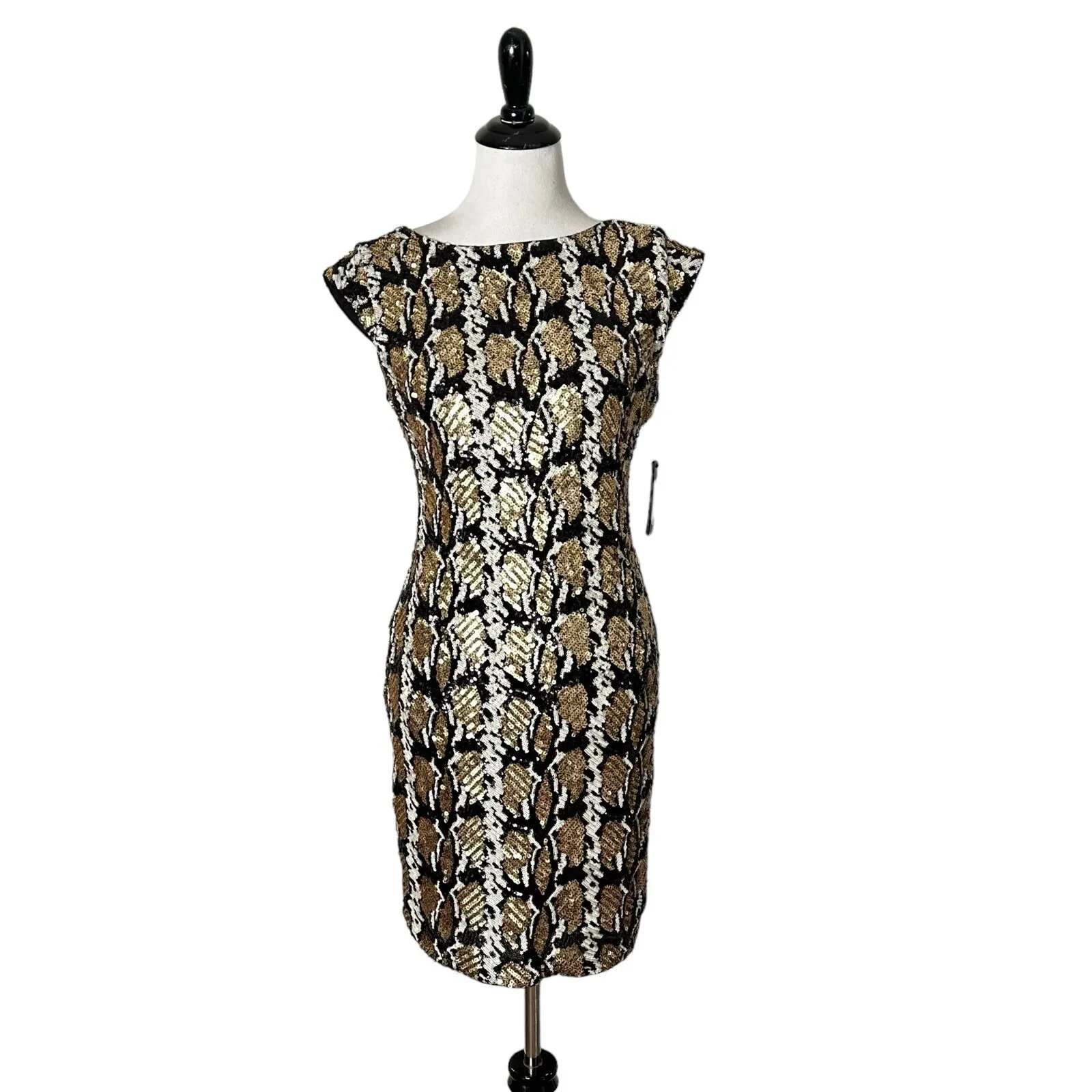 GUESS Sophy Full Sequin Short Dress Size‎ M Black Gold Sleeveless Party Cocktail - Image 2