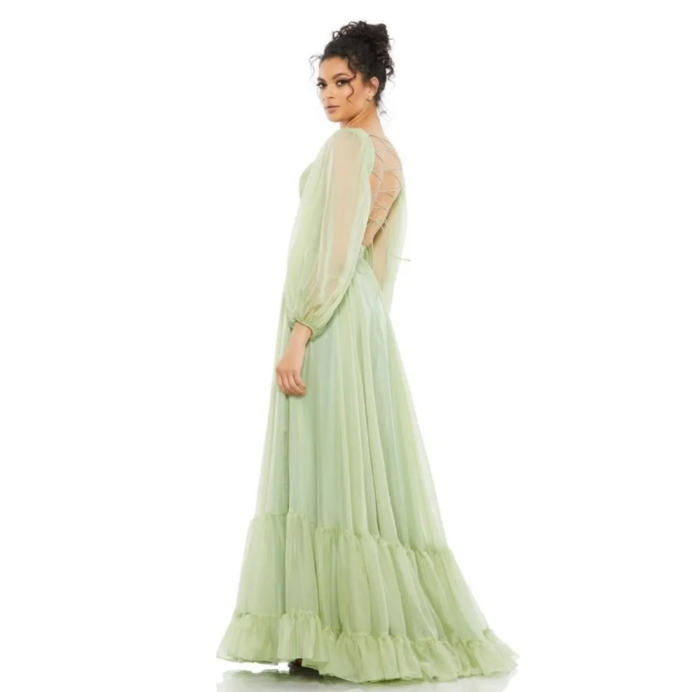 Mac Duggal 67948 Pleated Cut Out Long Sleeve Lace Up Tiered Gown Size 6 NWT - Image 3