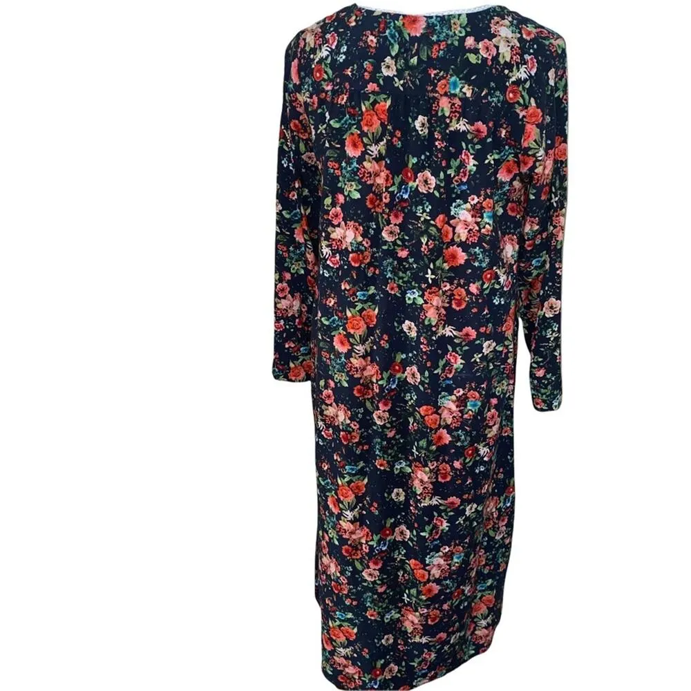 The Vermont Country Store Prairie Style Long Sleeve Floral Print Pullover Dress Blue Size M - Image 3
