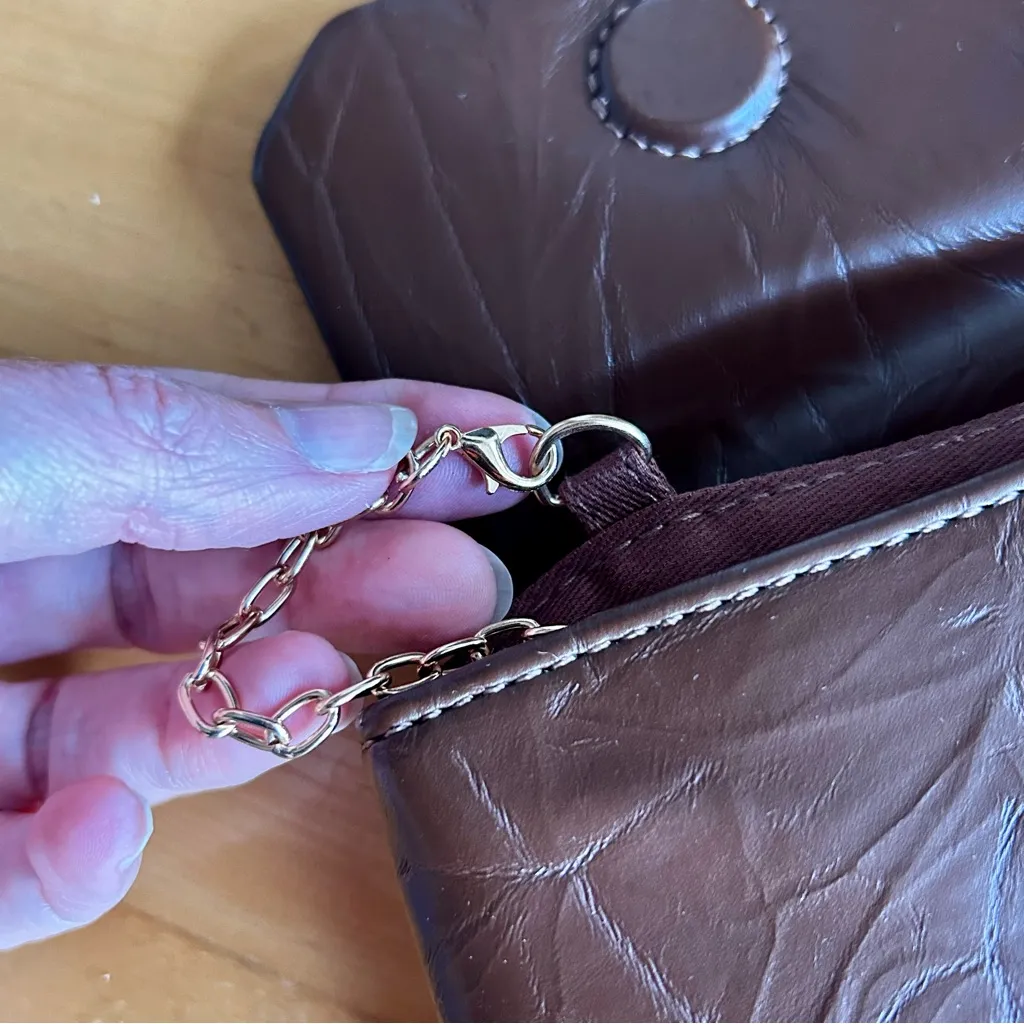 Anthropologie Vegan Leather Scrunched Envelope Convertible Clutch, Brown, Gold - Image 8