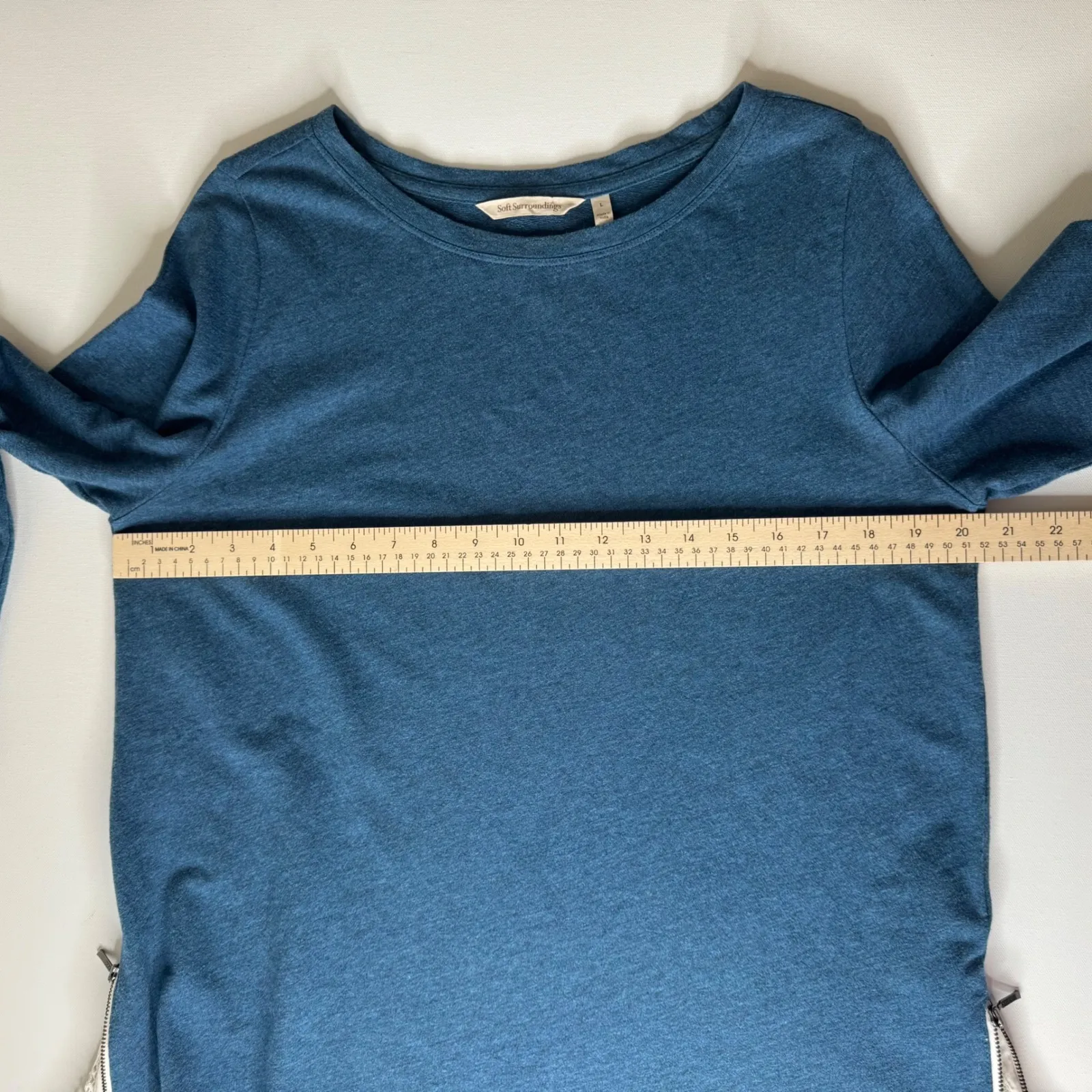 Soft Surroundings Darcy Sweatshirt Large Blue Lace Trim Zip Hem Comfy Everyday - Image 10