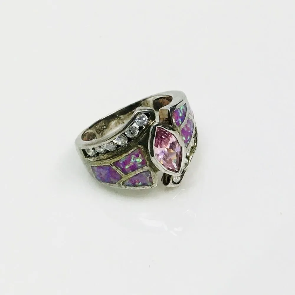 Sterling Silver Pink Diamond CZ and Opals Ring - Image 3