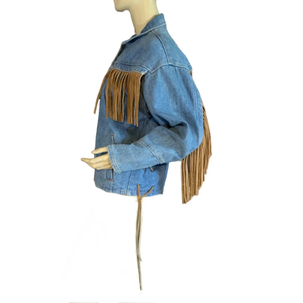 VINTAGE 1990'S STREET WORN BLUE DENIM JACKET W/TAN SUEDE FRINGE ACCENTS (M) Size M - Image 6