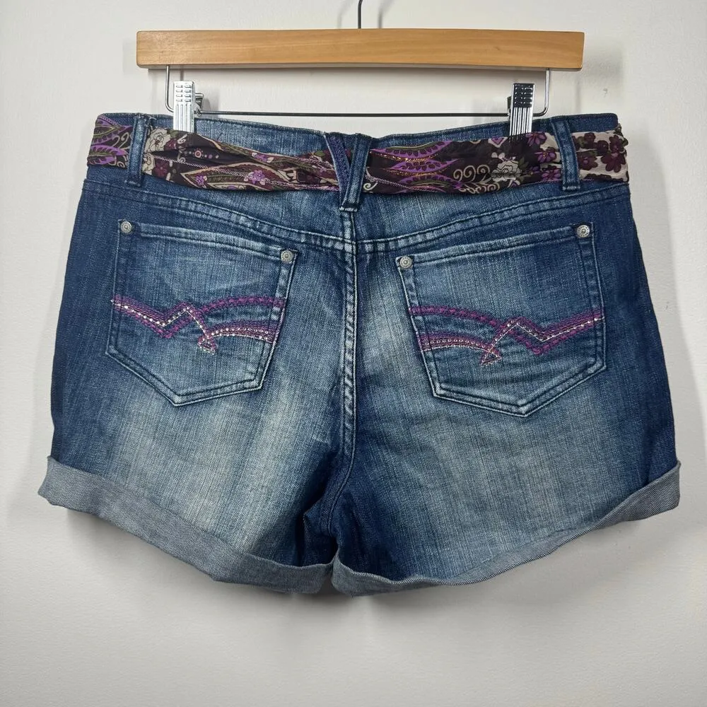 Vintage Y2K Denim Shorts Junior Size 13 Blue Bling Pocket Purple Brown Tie Belt - Image 2