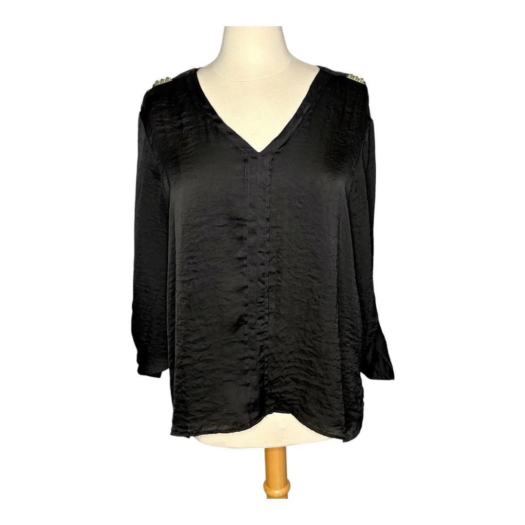 Ellen Tracy Satin Top V-Neck Embellished Roll Tab Sleeve Black Women Size‎ XL - Image 8