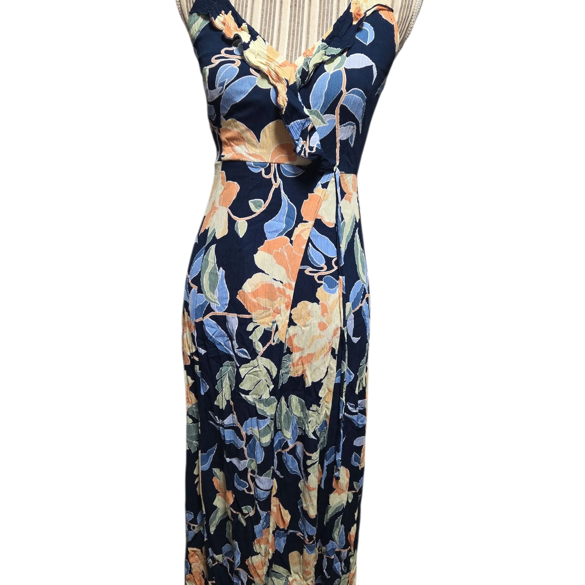 Navy Floral Maxi Dress with Orange and Cream Flowers Blue Size 6 - Image 3