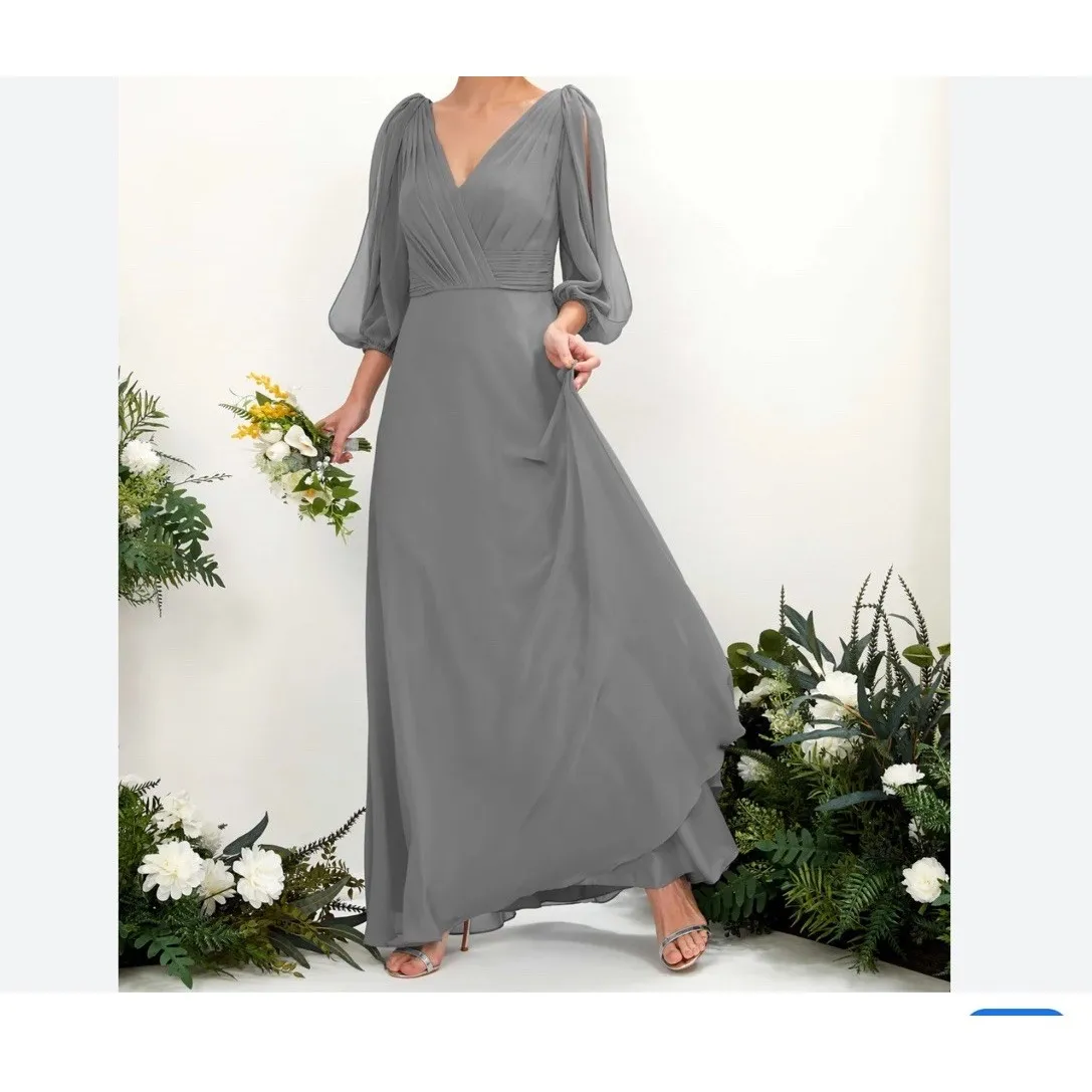 jj‎ House Grey A-Line V-Neck Ruched  Mother Of The Bride Dress Size Large - Image 5