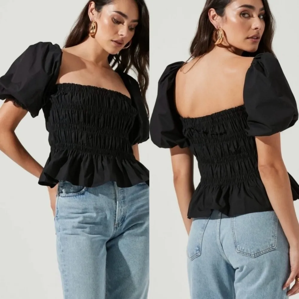 ASTR THE LABEL Tops Savina Square Neck Bubble Sleeve Smocked Top Size S Black - Image 5