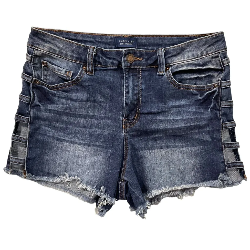 Angel Kiss Jean Shorts Womens 9 Blue Denim Cut Offs Y2K Ladder Cut Outs 28x3 - Image 1