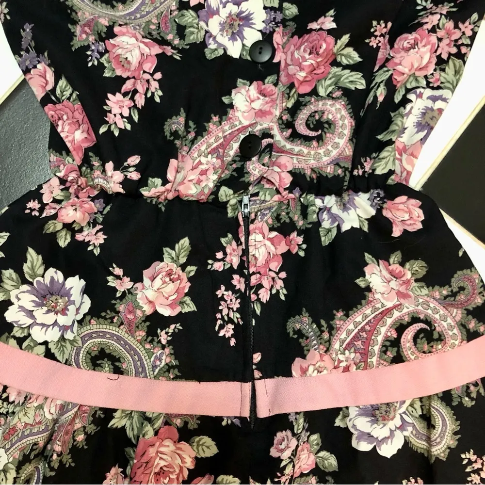 Vintage 80s 90s Miss Dorby Floral Tiered Dress Black Pink Shoulderpads 10P small - Image 7