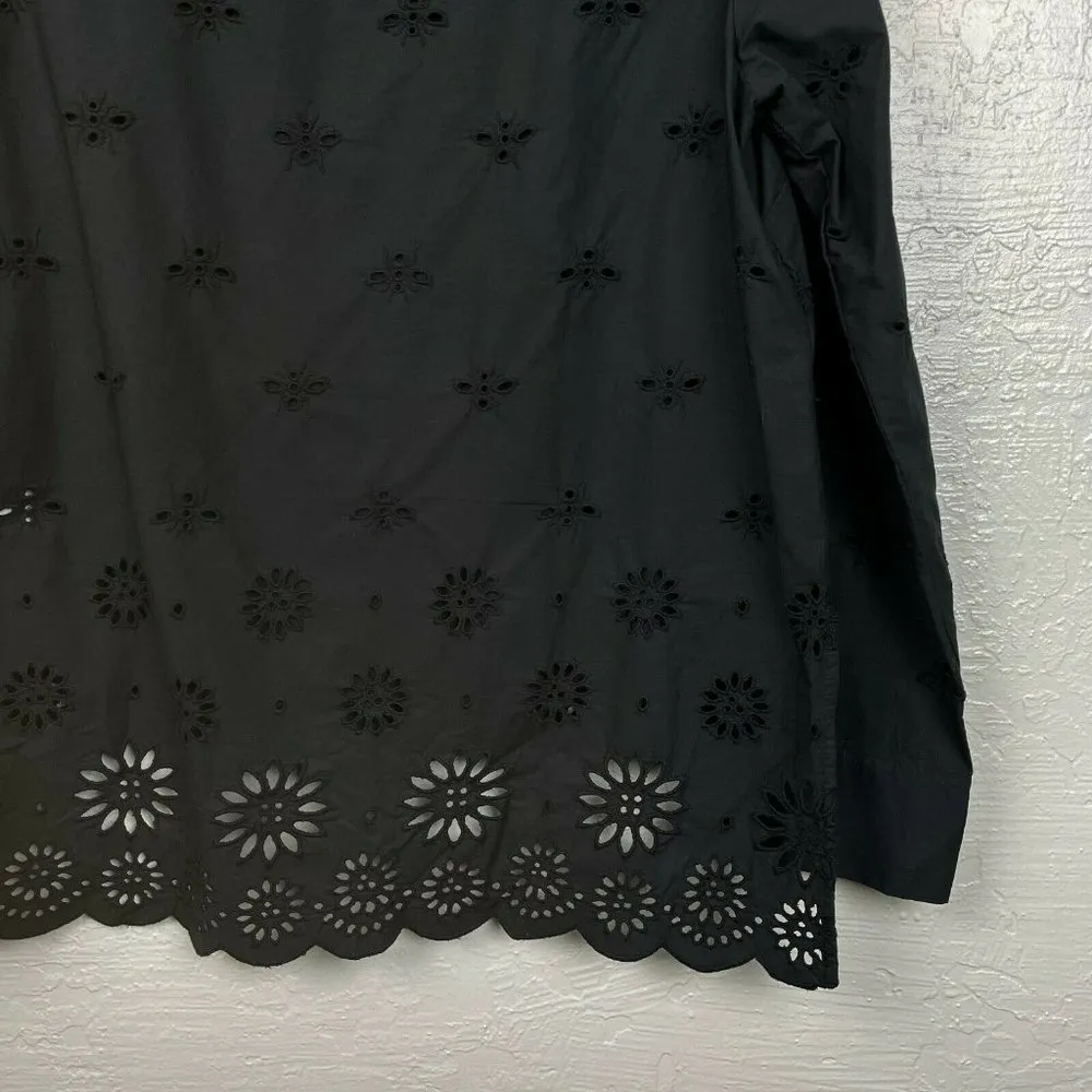 J Crew Size 6 Black Funnelneck Eyelet Shirt Daisy Bees Long Sleeve Button Hi Low - Image 3