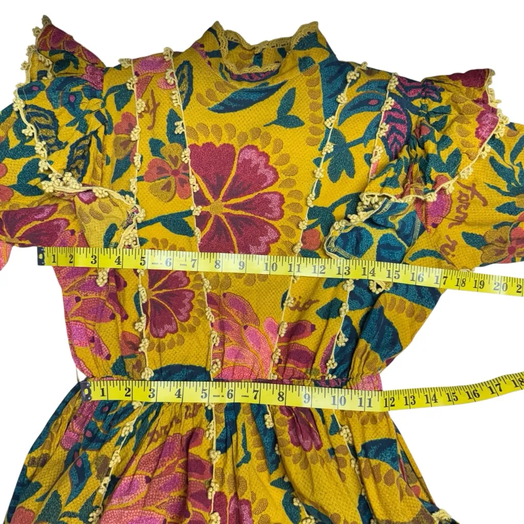 Farm Rio Flowerdoscopic Cotton Ruffle High Neck Floral Mini Dress Yellow Size XS - Image 14