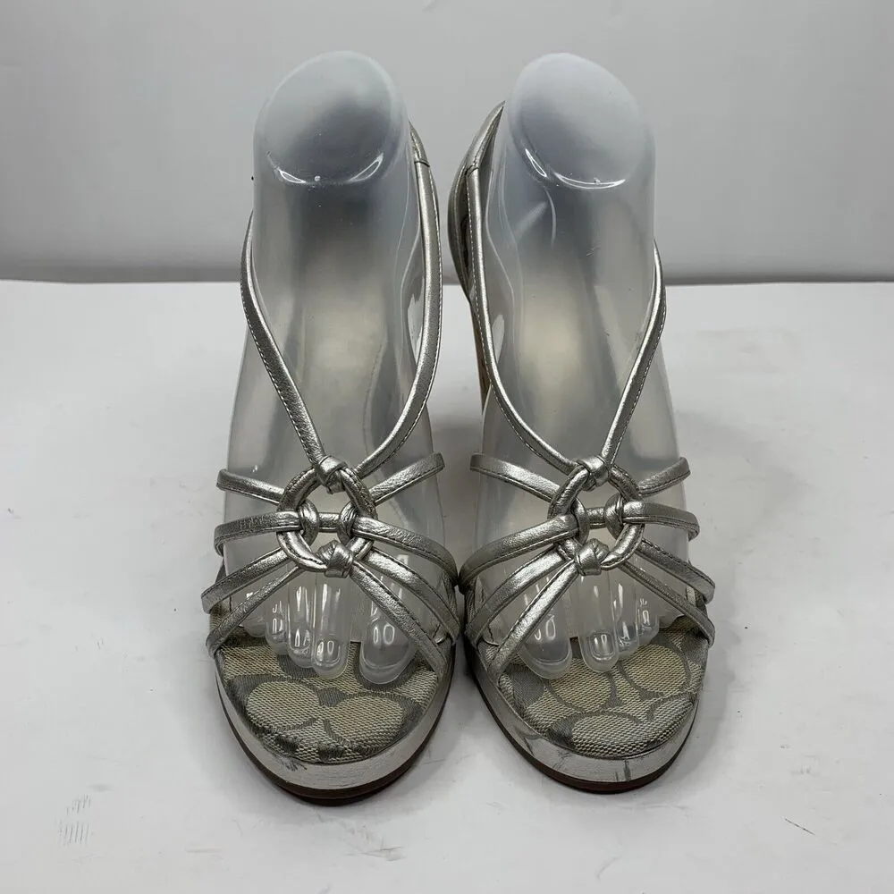 Coach Sz 8.5 Wedge Silver Joslin Strappy Cork Heel Leather Sandals Shoes Women’s - Image 6