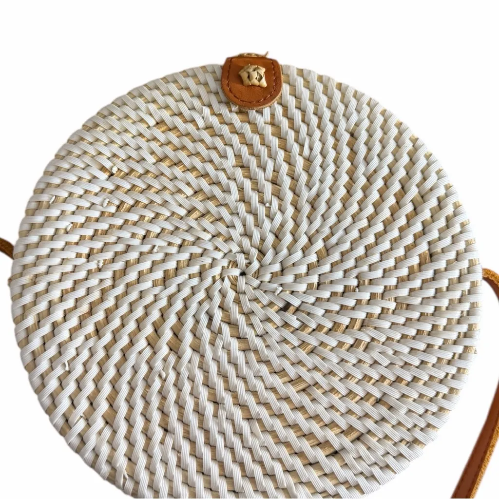 Boho Beach Cottagecore White Natural Rattan Woven Round Crossbody Bag One Size - Image 7