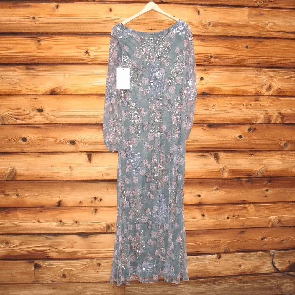 MAC DUGGAL  93750 Embellished Illusion Long Sleeve Faux Wrap Gown Gray-Green 10 - Image 11