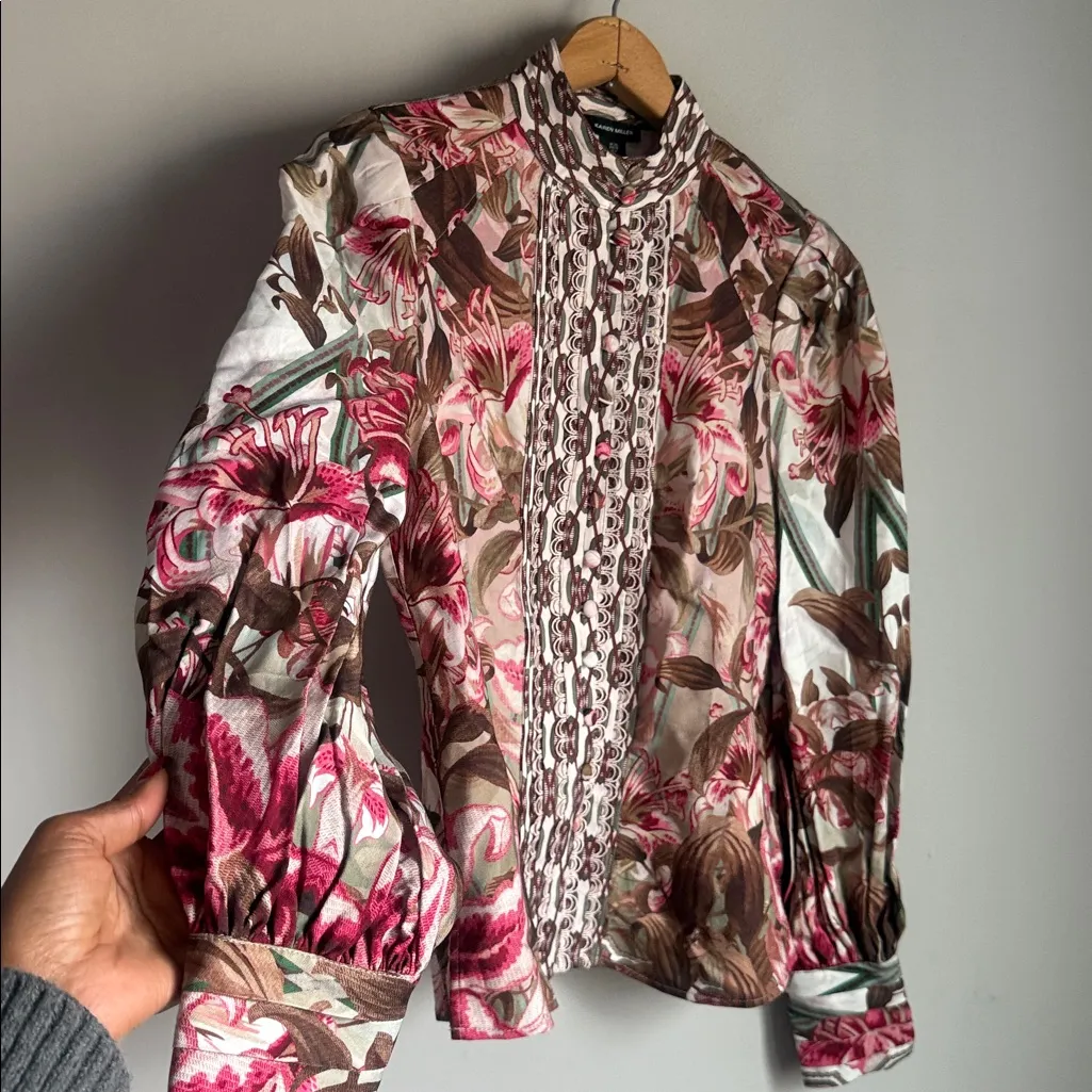 NEW Karen Millen Linen Viscose Border Print Floral Woven Blouse 6 - Image 5