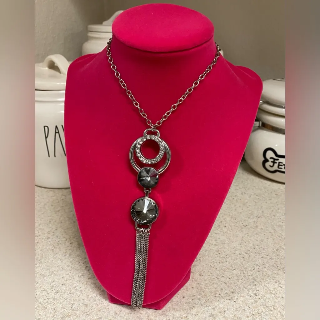 Bling Bold Smoky Crystal Tassel Statement Necklace | Silver Tone Long Pendant - Image 2