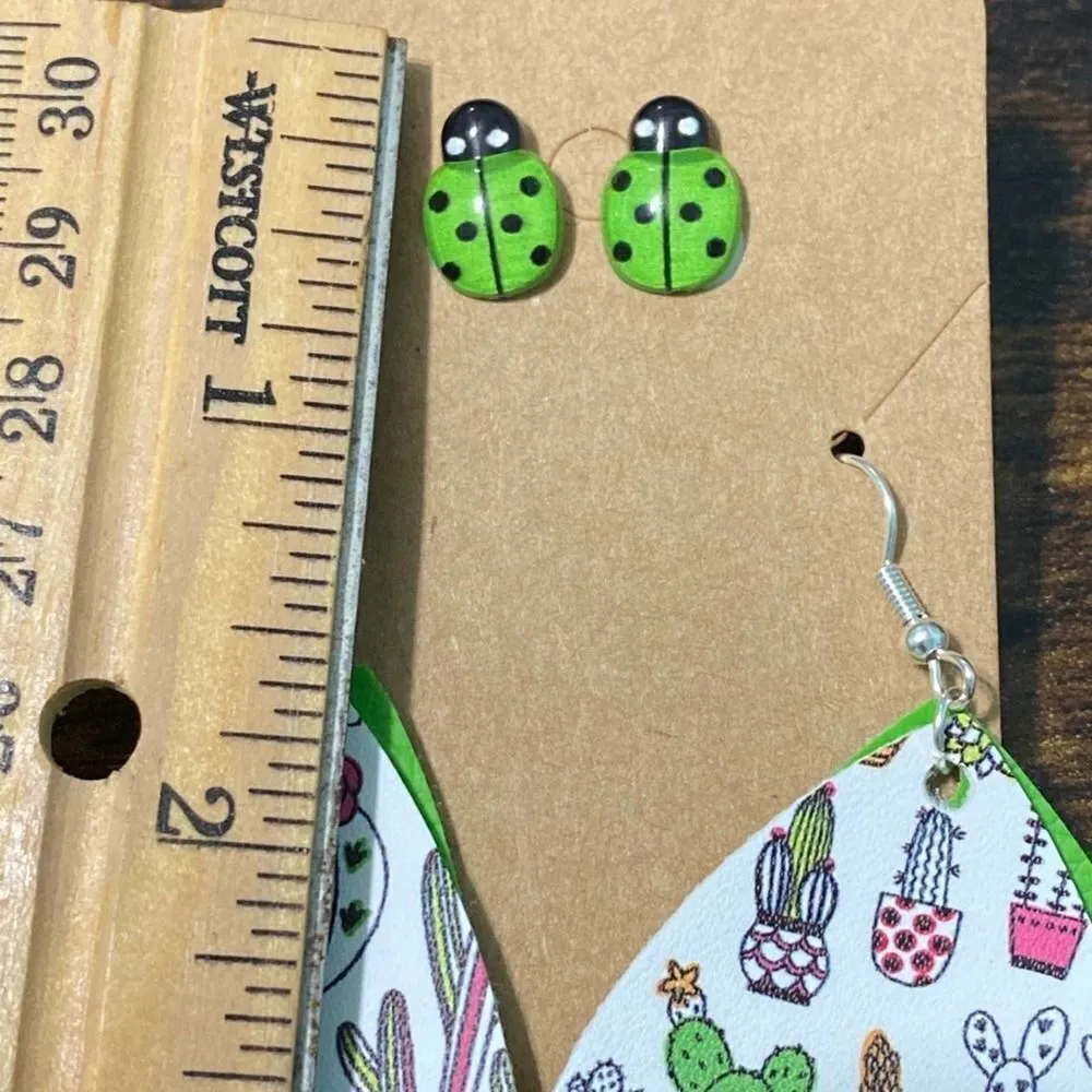 None Lady Bug Studs Succulent Plant‎ Earrings Set Green - Image 4
