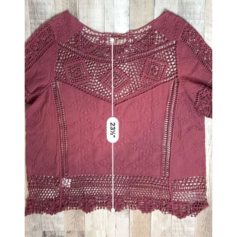 Democracy Lacy Crocheted Embroidered Burgundy Blouse sz Large‎ Bohemian - Image 8