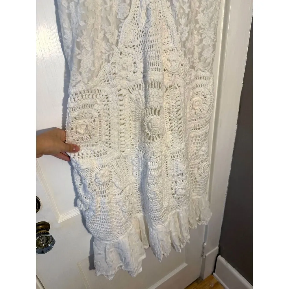 ZARA V-Neck Contrast Crochet Knit Lace Midi Dress White Size S NWT - Image 9