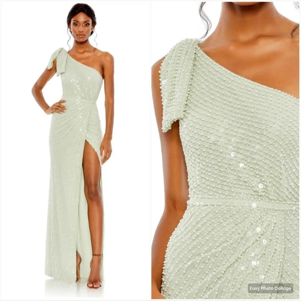 Mac Duggal 93735 PEARL EMBELLISHED SOFT TIE ONE SHOULDER GOWN Green 10 - Image 3