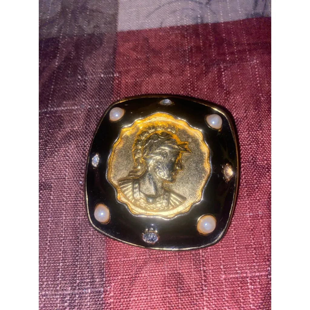 Women's vintage signed Roman soldier coin brooch Black - Image 3