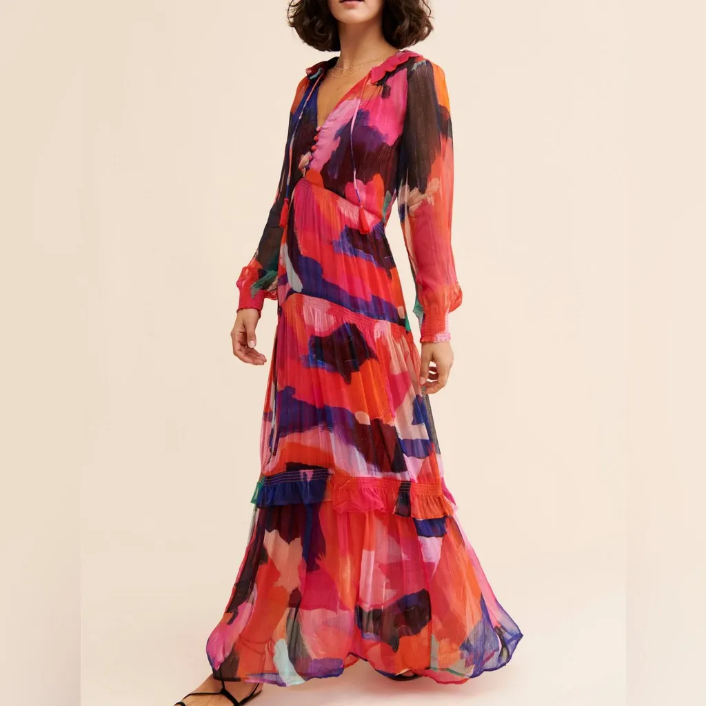 Anthropologie The Marais Women’s Printed Chiffon Tiered Ruffle Maxi Dress Sz S - Image 14
