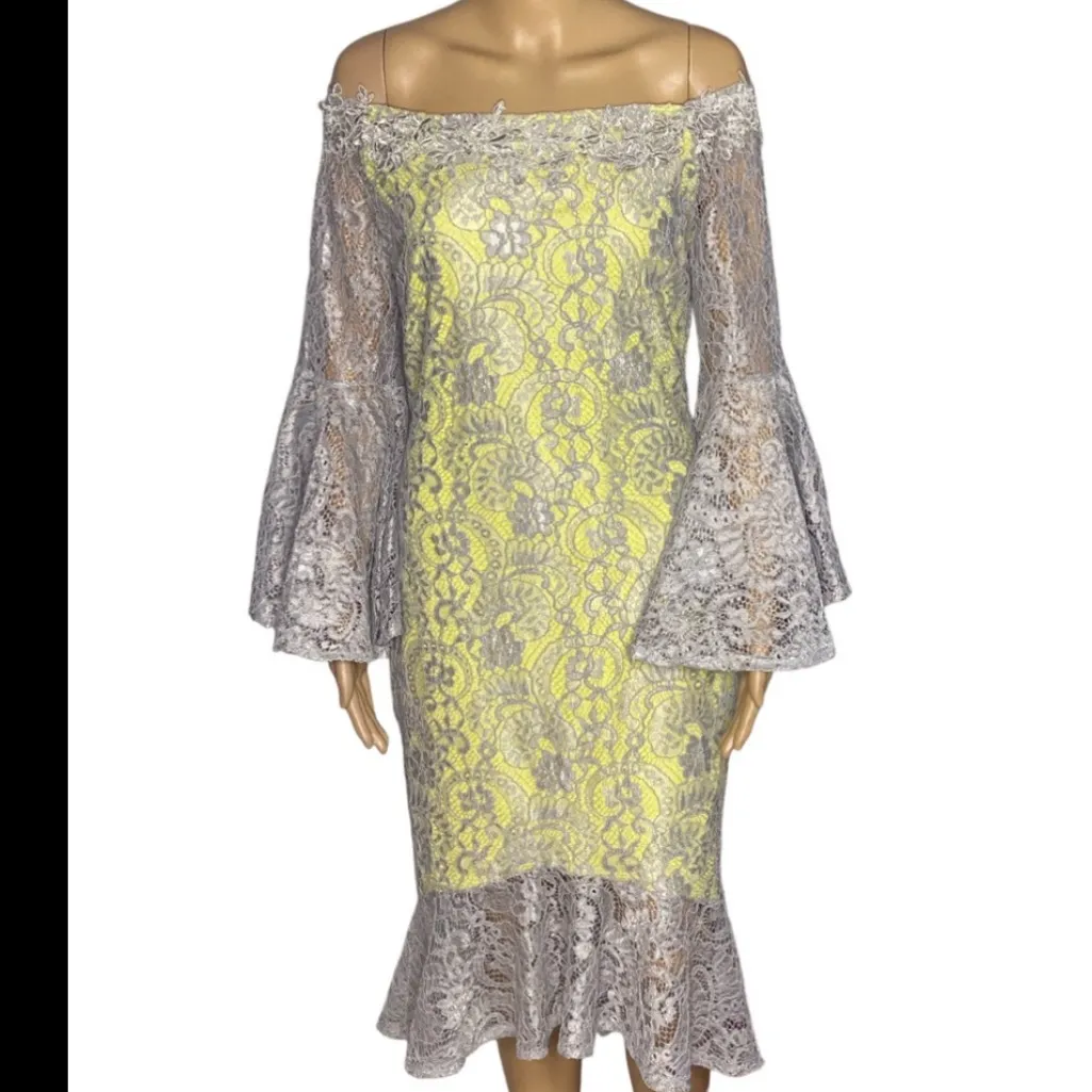 Red & Royal London Floral Lace Overlay Dress with Dramatic Flare Sleeves Size 40 Yellow - Image 4