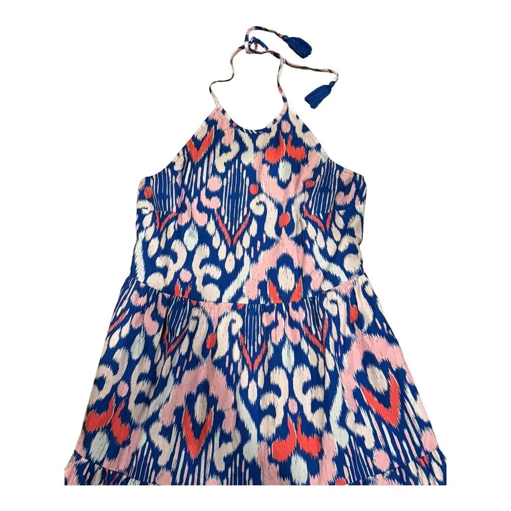 Crown & Ivy Cotton Halter Neck blue pink Maxi Dress open smocked back size L - Image 5