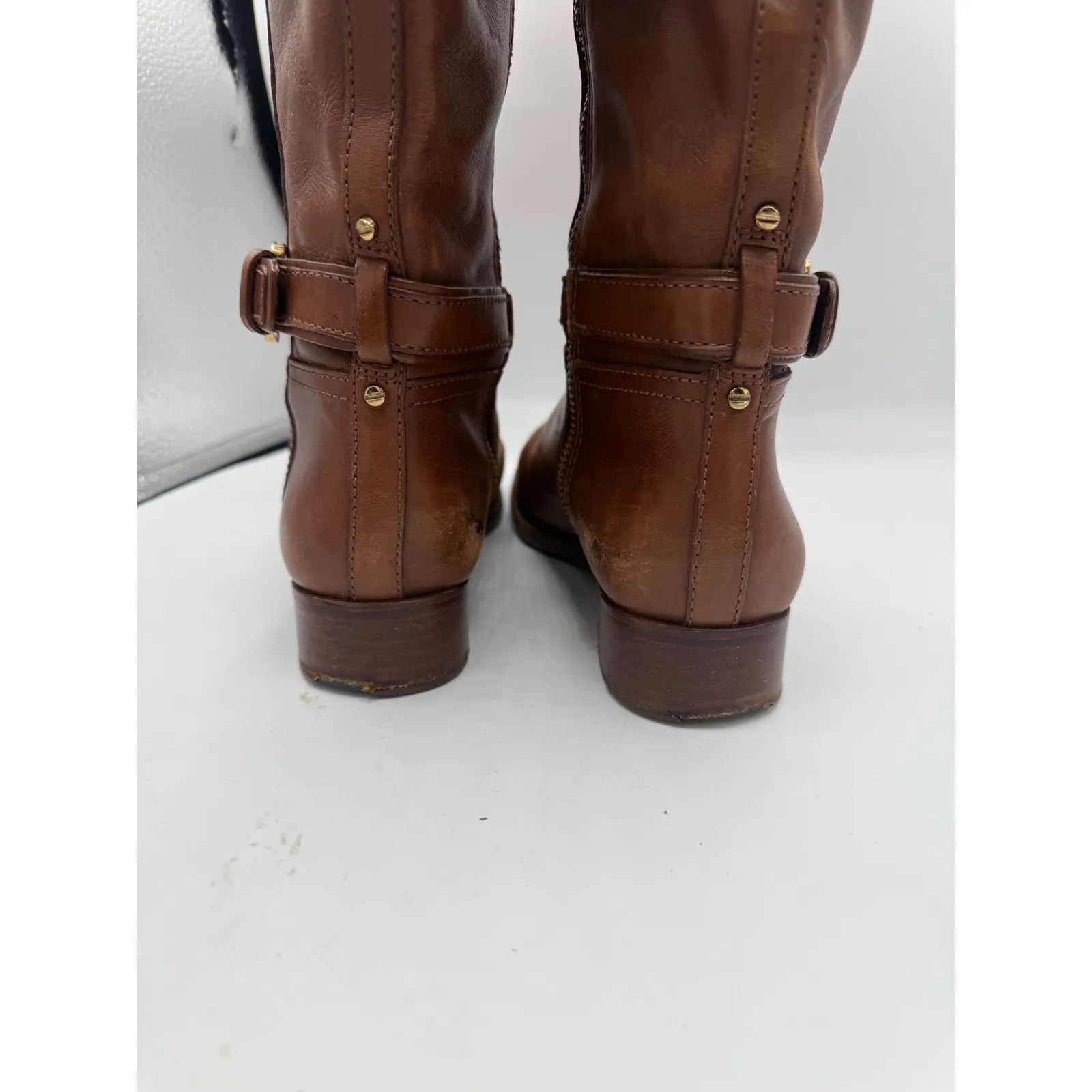 Tory Burch Riding Boots Women's 6.5 Cognac Leather Tall Equestrian Logo Boots - Image 6