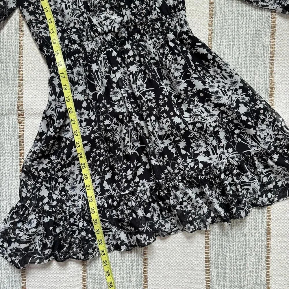 Shoshanna Praiano Black White Floral 3/4 Puff Ruffled Sleeve Silk Mini Dress 4 - Image 8