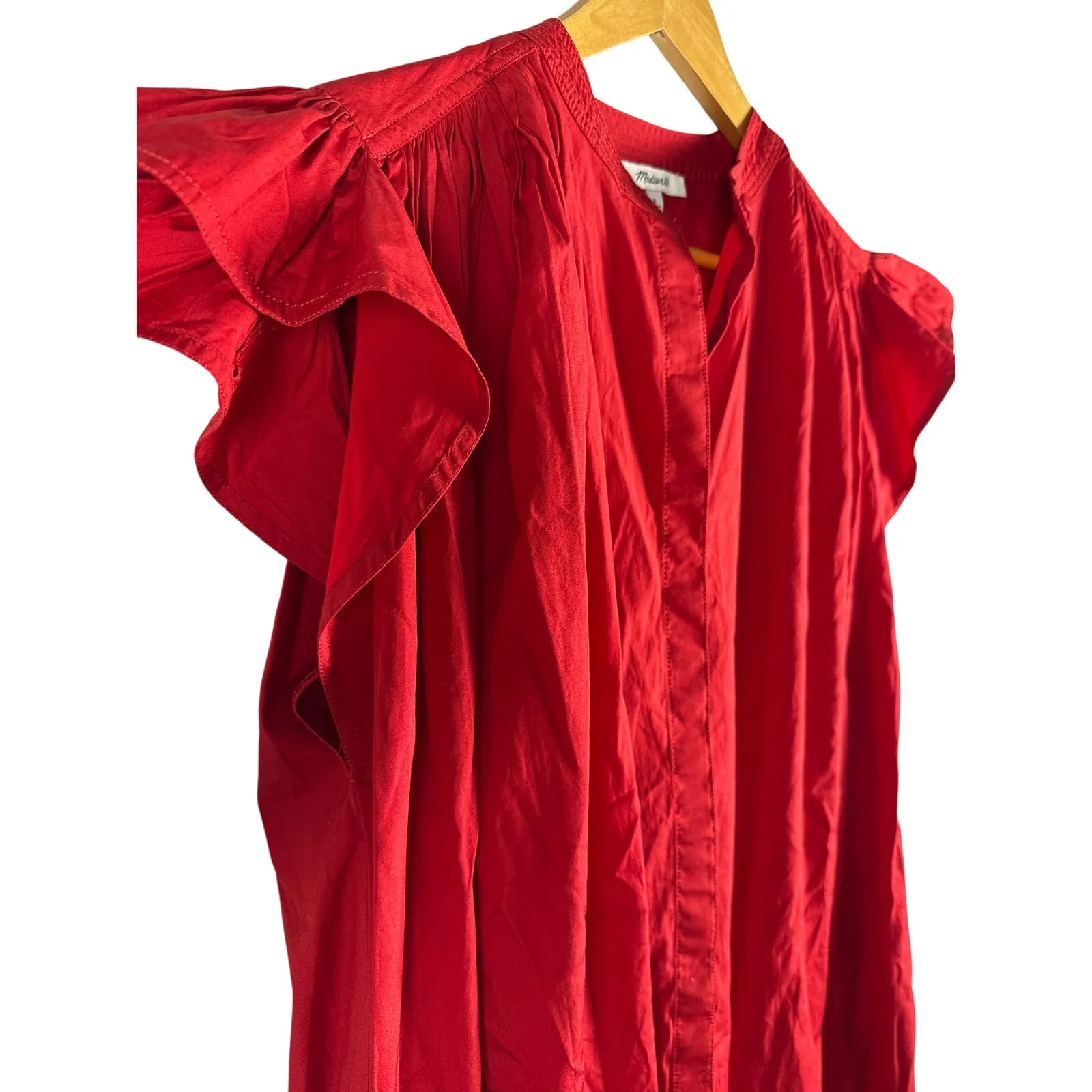 Madewell Flutter Sleeve‎ Button-Front Poplin Mini Dress Red Pcockets Size Large - Image 6