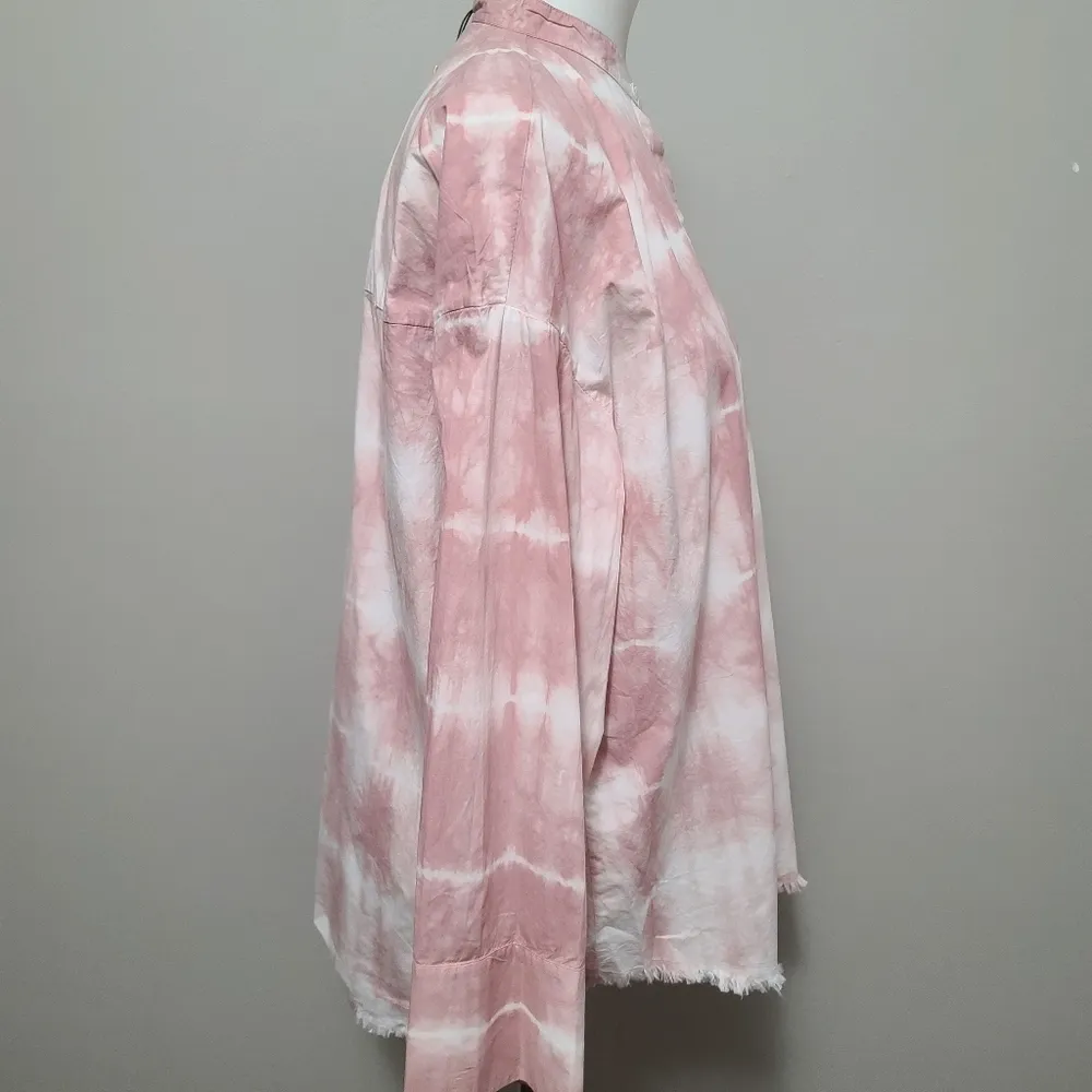 Zara pink tie dye oversized raw hem button down size xs - Image 5
