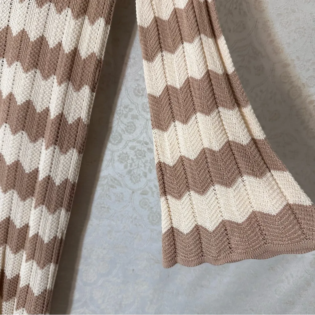 Anna Kay. Crochet Striped Brown Tan and Cream Women Sweater Dress Small - Image 4