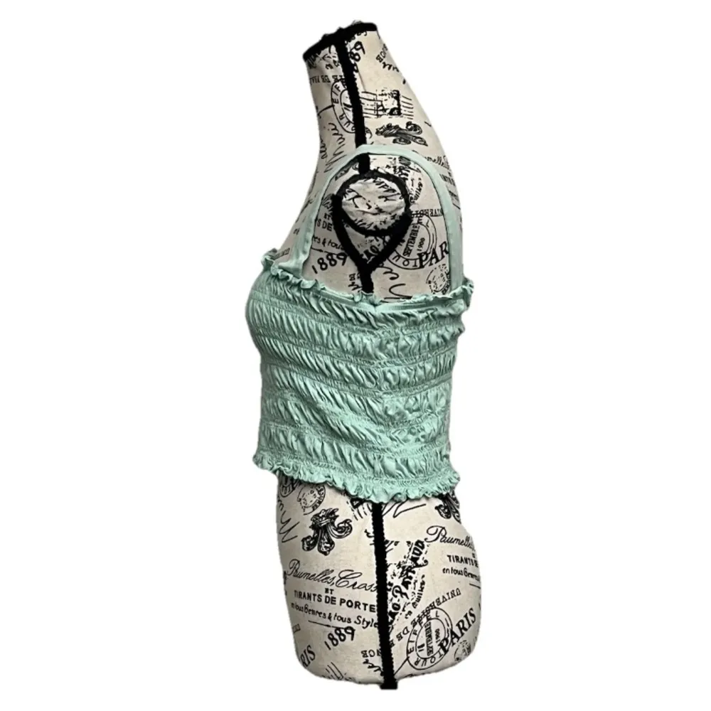 American Eagle Green Smocked Crop Top Beach Coastal Preppy M Kelly Boho Peasent - Image 5