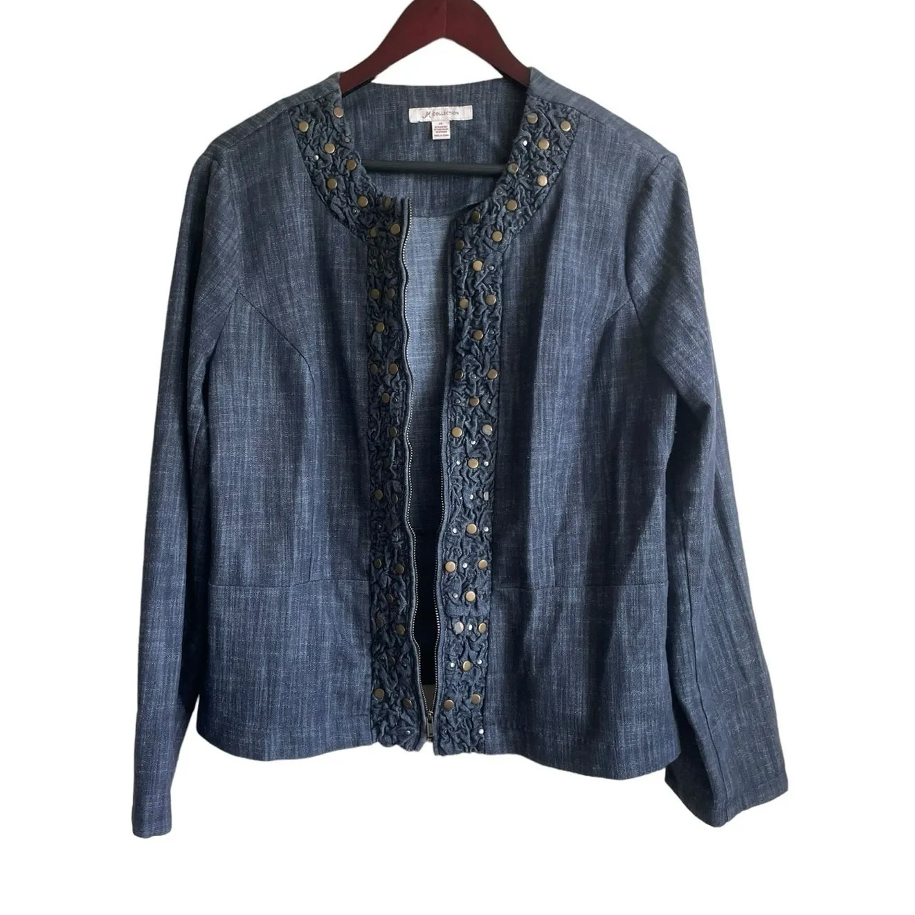JM Collection Women Jacket 14 Blue Chambray Beaded Trim Zip Front Denim Artwear‎ - Image 4