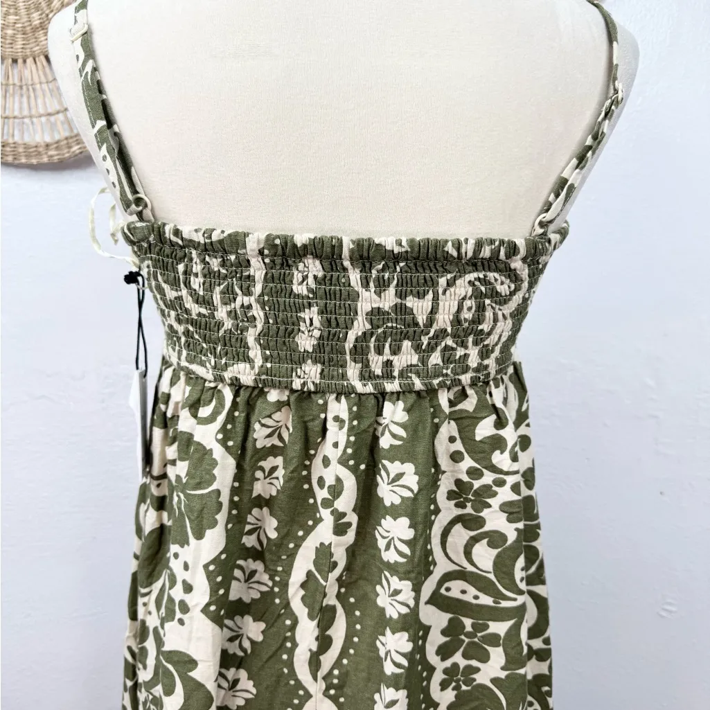 Japna Maxi Dress Womens Size M Green & Cream Floral Scroll Lace-Up Boho - Image 7