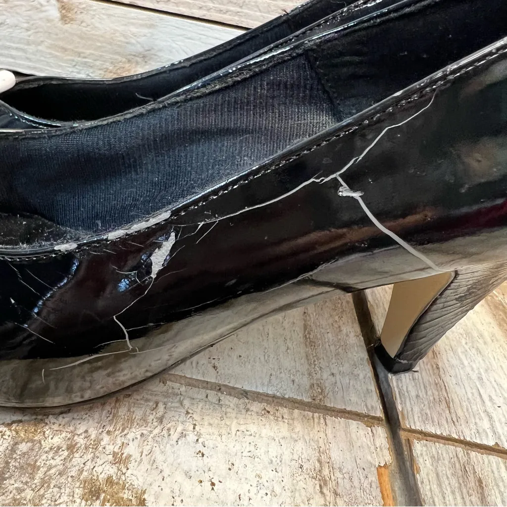 Vintage 80s 90s Black White Patent Two Tone Button Pointed Toe Retro Heels 8M Size 8 - Image 5