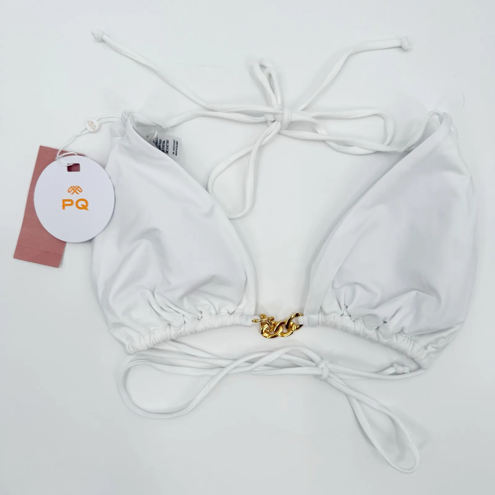 PQ SWIM PILYQ Bikini Top SZ Medium NWT White X Vale Genta Chain Triangle String - Image 3
