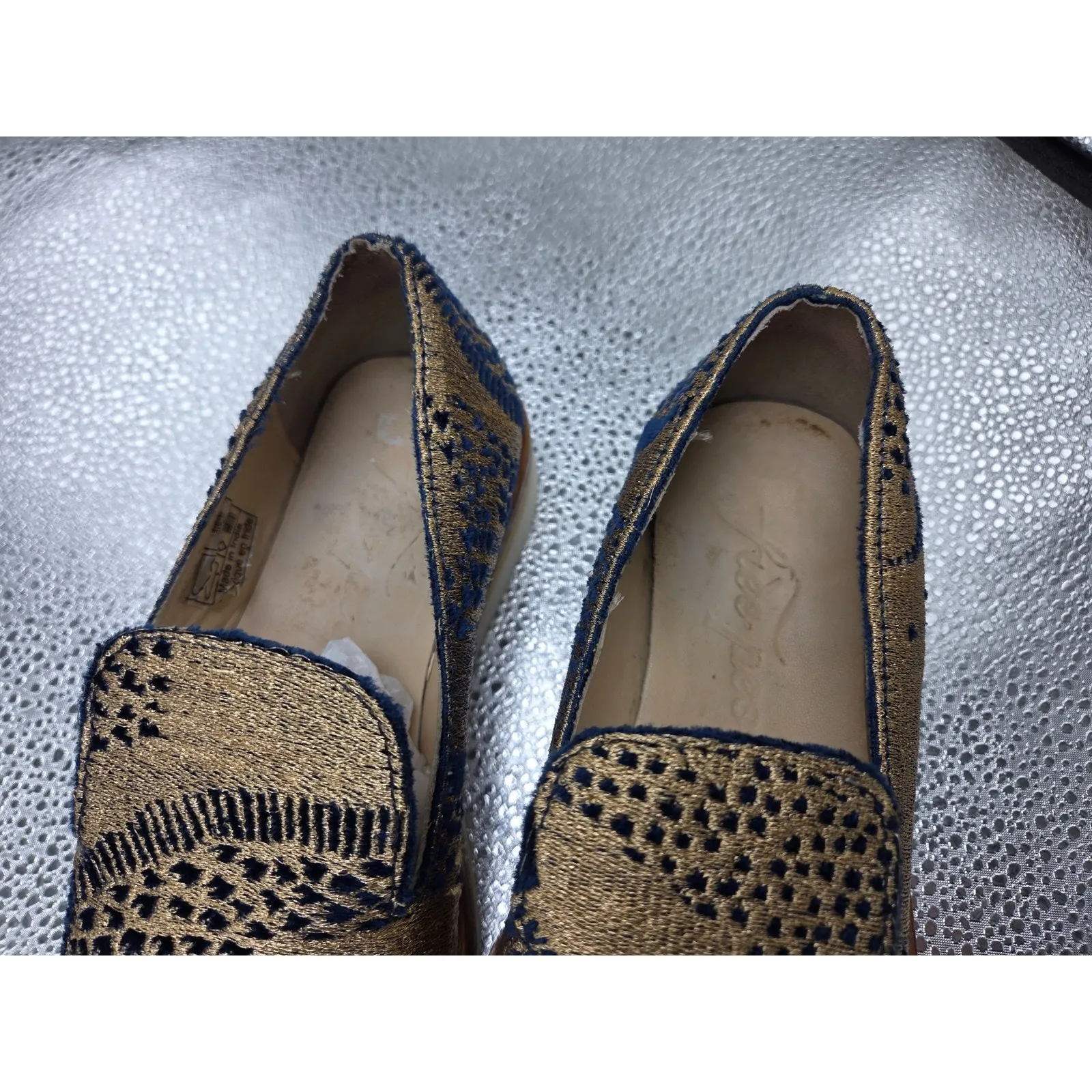 FREE PEOPLE Snake Eyes Loafers Gold & Blue Size 7 Woven Textile Shoes Euro 37 - Image 3