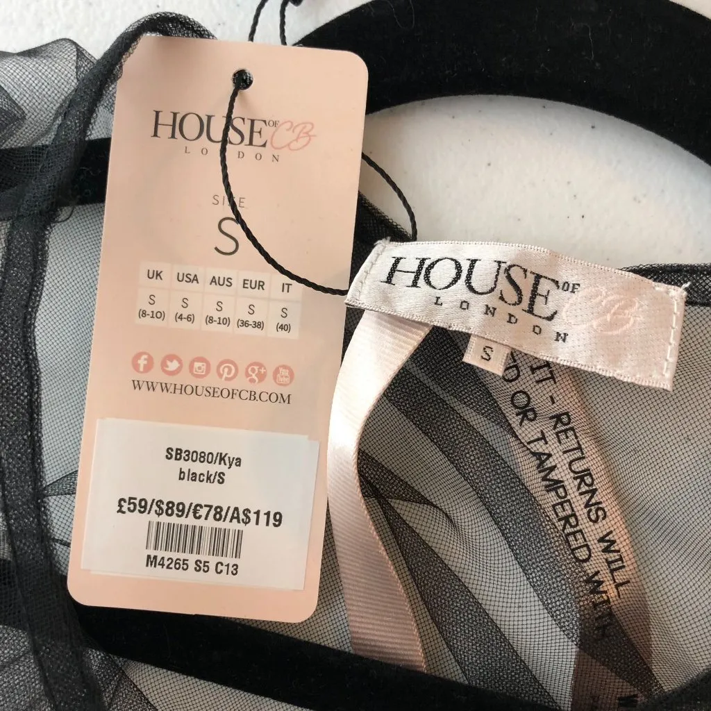 House of CB London Women's Mesh Shirt Sheer Lace Short Sleeve Black S - Image 3