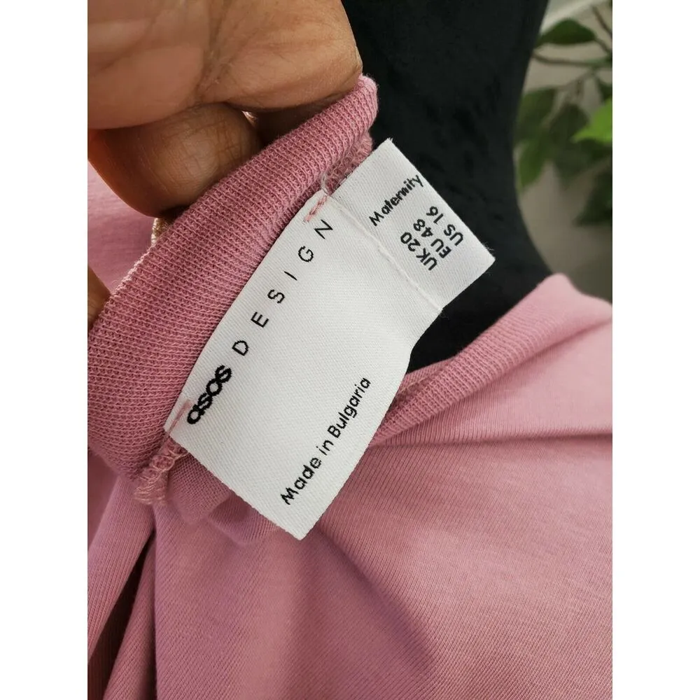 Asos Design Womens Solid Pink Cotton Round Neck Long Sleeve Knee Length Dress 16 - Image 9