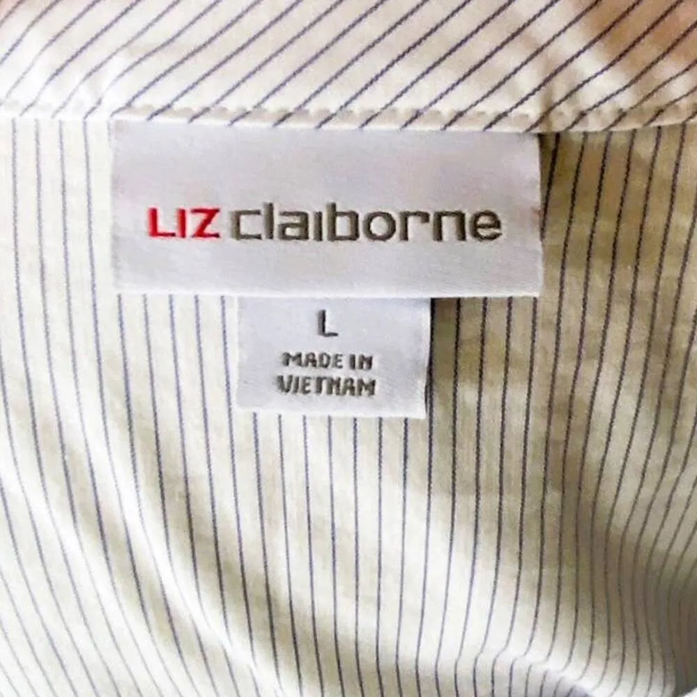 LIZ CLAIBORNE Denim Blue Pinstripe Ruffle Front Sleeveless Blouse ~ Womens LARGE - Image 7