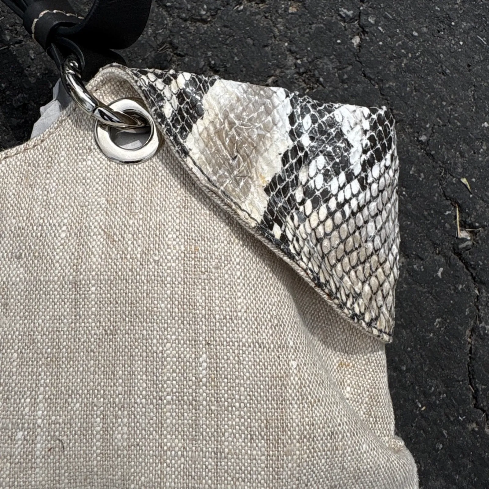 Francesco Biasia Linen Baguette Bag Snakeskin‎ Trim Convertible Strap Tan - Image 2