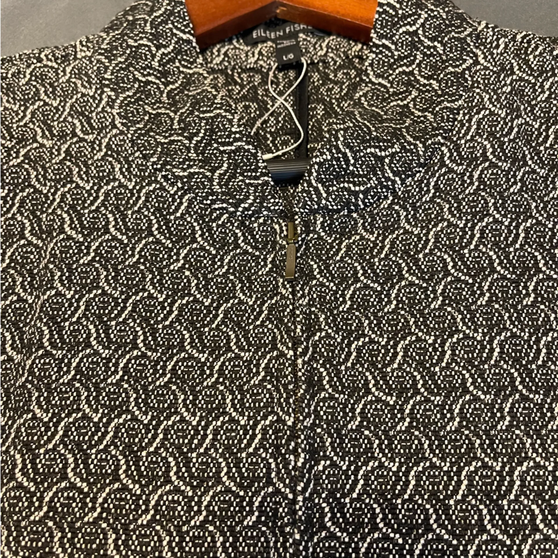 Eileen Fisher L Micro Tweed Jacket Blazer Long Career Collarless Organic Cotton - Image 5