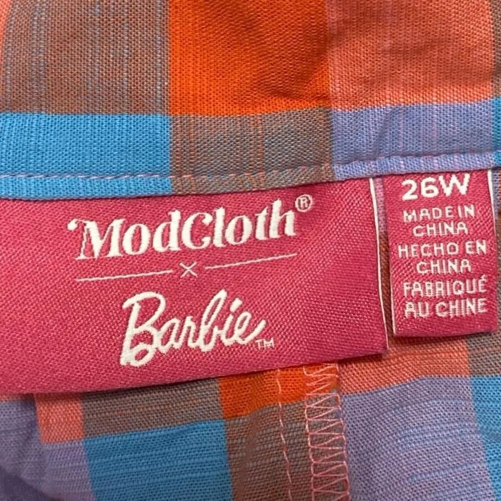 Barbie x Modcloth So Plaid It's Good Pink Pleated Belted A Line Midi Skirt Sz 26 - Image 7
